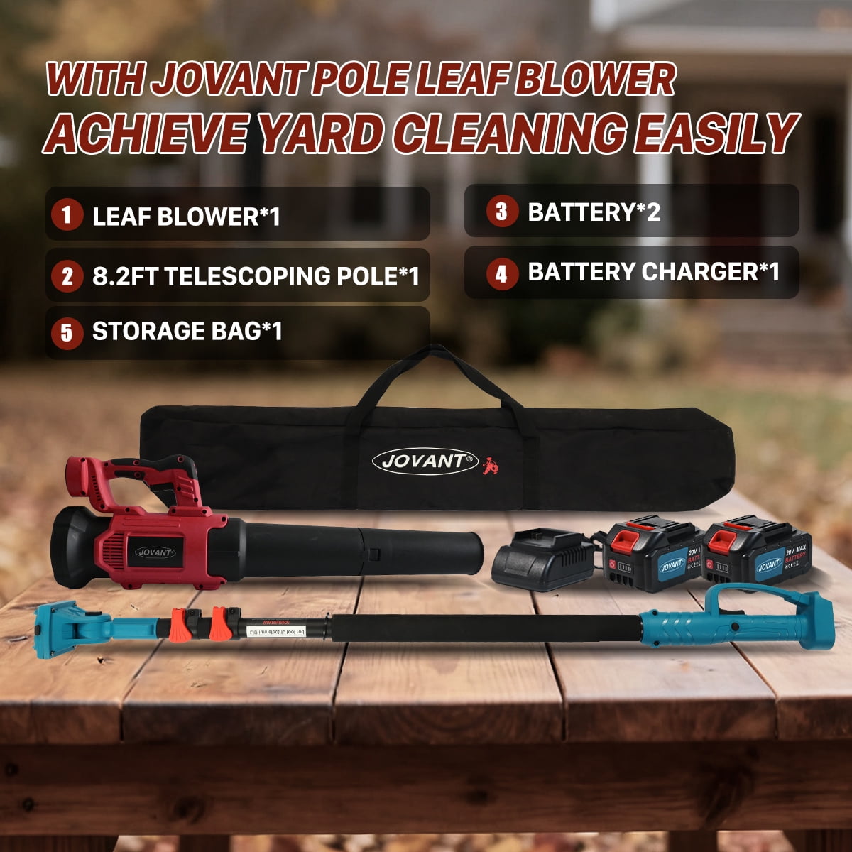 The JOVANT 2-in-1 cordless pole leaf blower extends up to 15.3 feet, with an airflow of 615 CFM and 6 speed settings. It includes two 4.0Ah batteries and a charger. Suitable for clearing leaves, roof