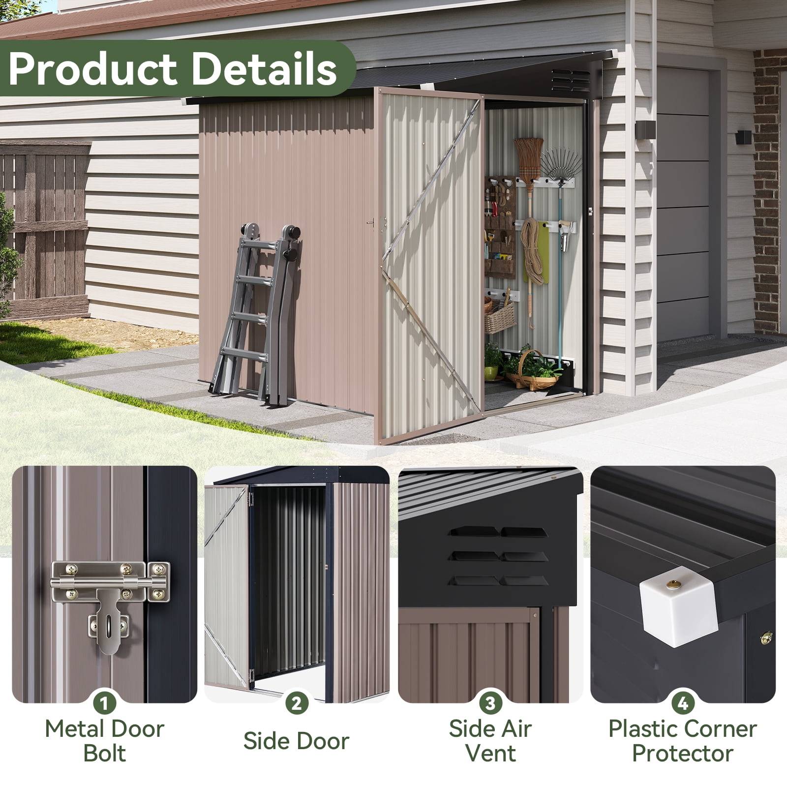 Clouddwell 6 x 4 Ft. Outdoor Metal Storage Shed, Lockable Lean-To Galvanized Steel Utility Shed with Slanted Roof, Brown
