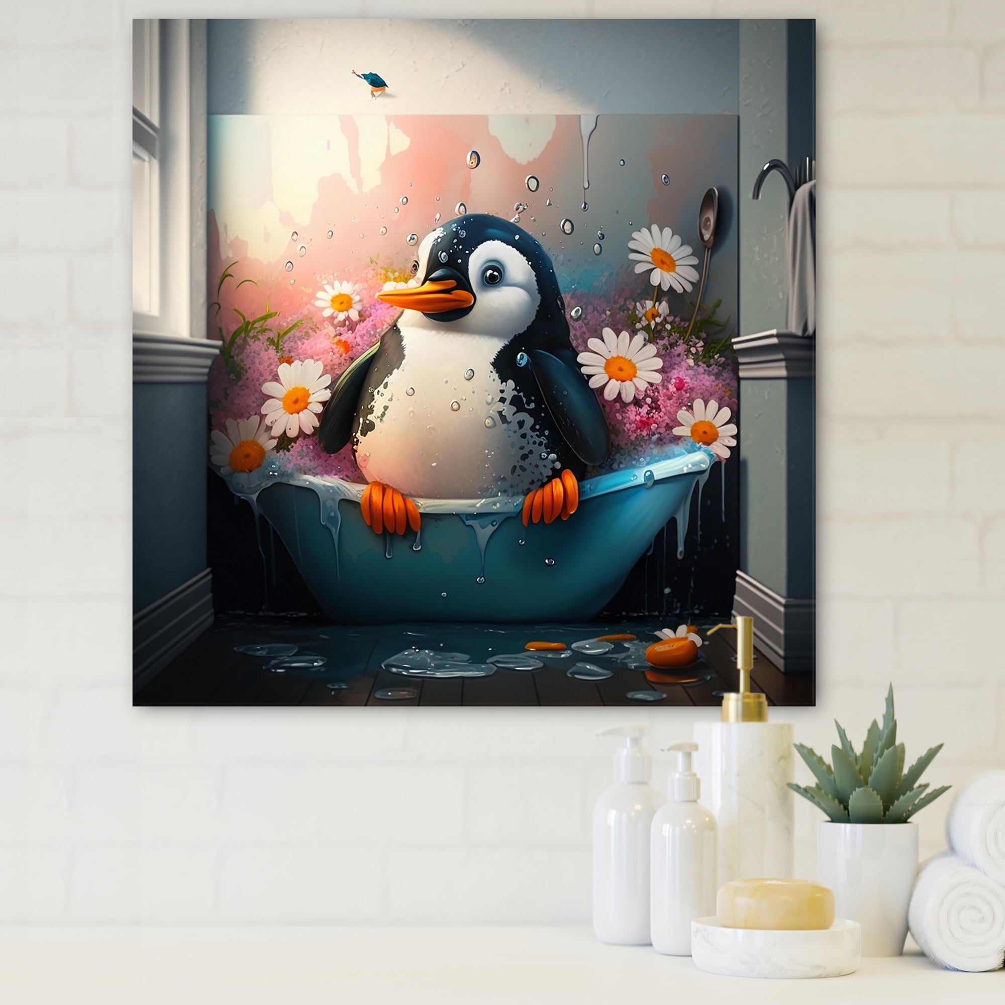 Designart Silly Penguin Bathing With Blooming Flowers I Canvas Wall Art