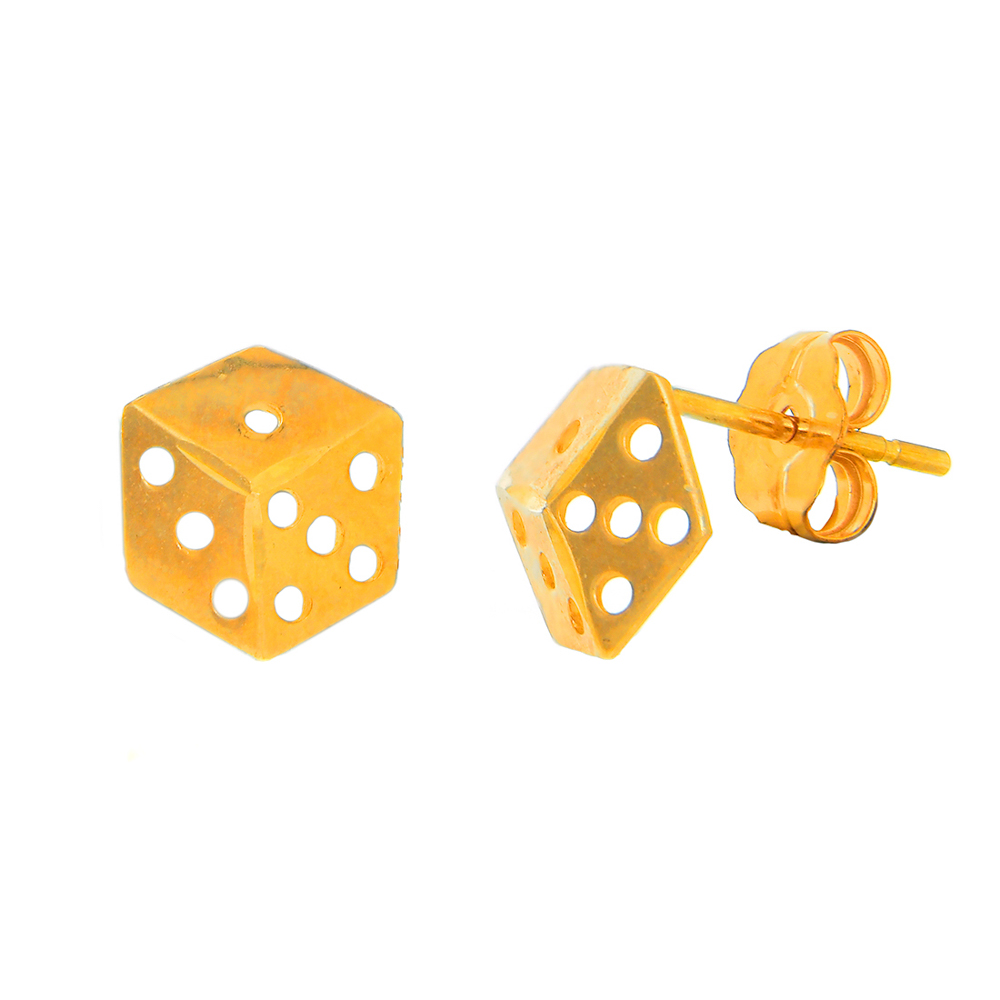 14k Solid Yellow Gold Flat Dice Stud Earrings Small
