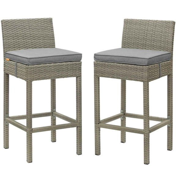 Contemporary Modern Urban Designer Outdoor Patio Balcony Garden Furniture Bar Side Stool Chair, Set of Two, Fabric Rattan Wicker, Grey Gray