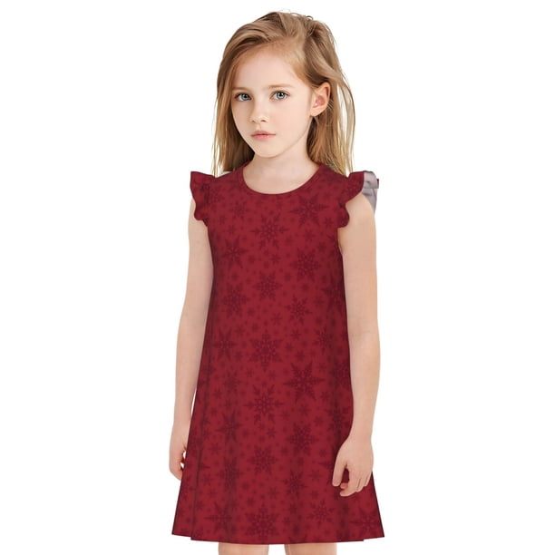 Fotbe Christmas Red Snowflakes Vestido de Dormir para Niñas de 3 a 10 Años, Mangas Cortas, Estilo Princesa, Pijama Camisón con Mangas Voladas-Small
