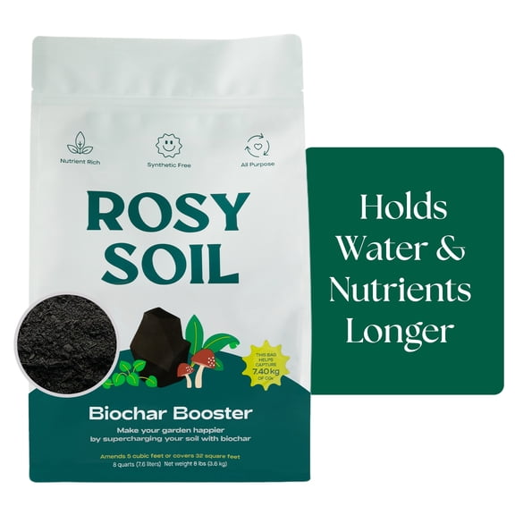 Rosy Soil Biochar Booster Soil Amendment, Organic Biochar for Plants, Improves Soil Health & Water Retention, for Gardens, Raised Beds & Indoor Plants, 8 qt