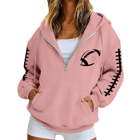 FUZHIQ Women's Half Zip Football Graphic Hoodid Sweatshirt, Long Sleeve Casual Pullover with Pocket, Fall Game Day Top for Football Fans