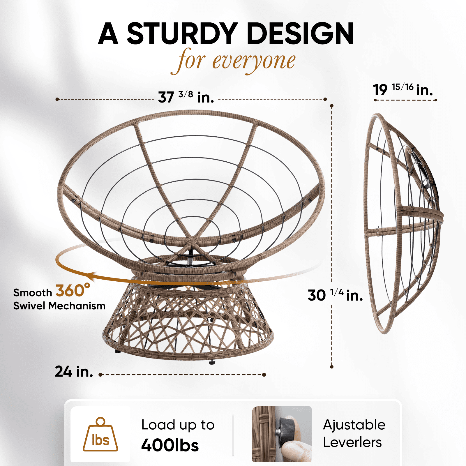 Bme Papasan Chair with Fabric Cushion, Metal Swivel Base, Mercury Ore - Brown Frame