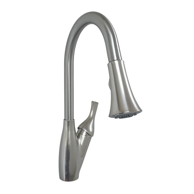 American Brass Faucet SL3000N-A Used For Kitchen; 8 Inch Metal Single Lever Kitchen Pulldown; Trumpet Style Head; Magnetic Spray Holder; Stainless Steel Flexible Supply Lines; Brushed Nickel