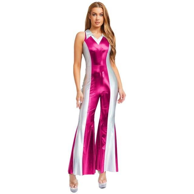 YONGHS Costumes Disco pour Femmes Sans Manches Col en V à Revers Combinaison Métallique Brillante pour Fête Rose Vif m