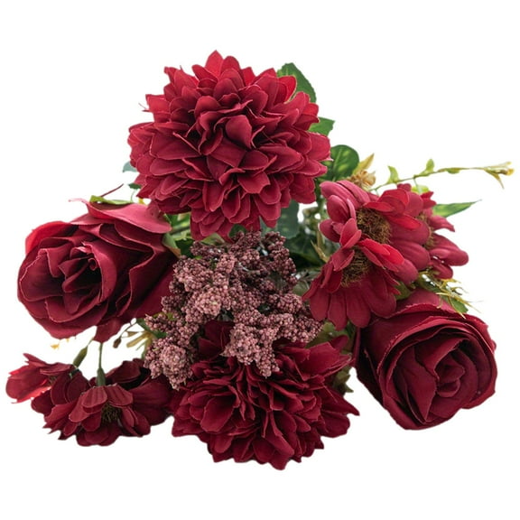 Artificial Flowers Like Real Artificial Bouquet 1 Pc Silk Artificial Roses Bouquet with Daisy Chrysanthemum Pink Flowers for Valentines Day Centerpiece Table Wedding Party Decor, 6.29 Inch, Red