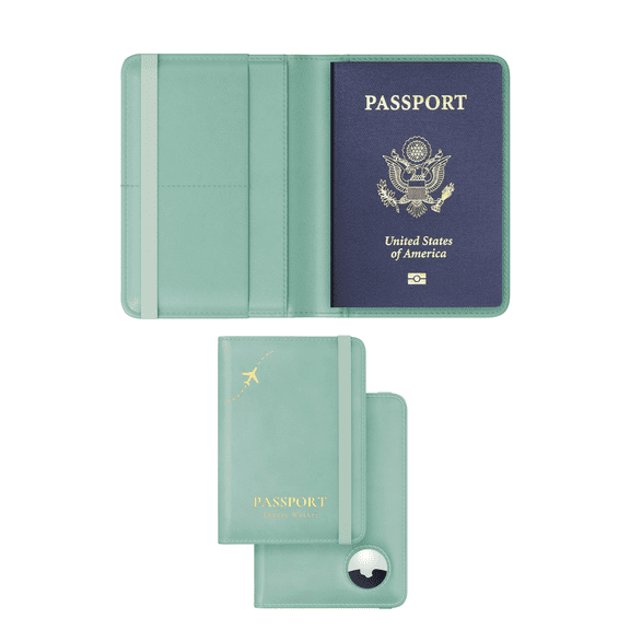 Stouchi RFID Passport Holder with AirTag Slot, Anti-Lost Travel Wallet for Women & Family, Slim Leather Cover Protector for Passport and Cards, Sky Blue