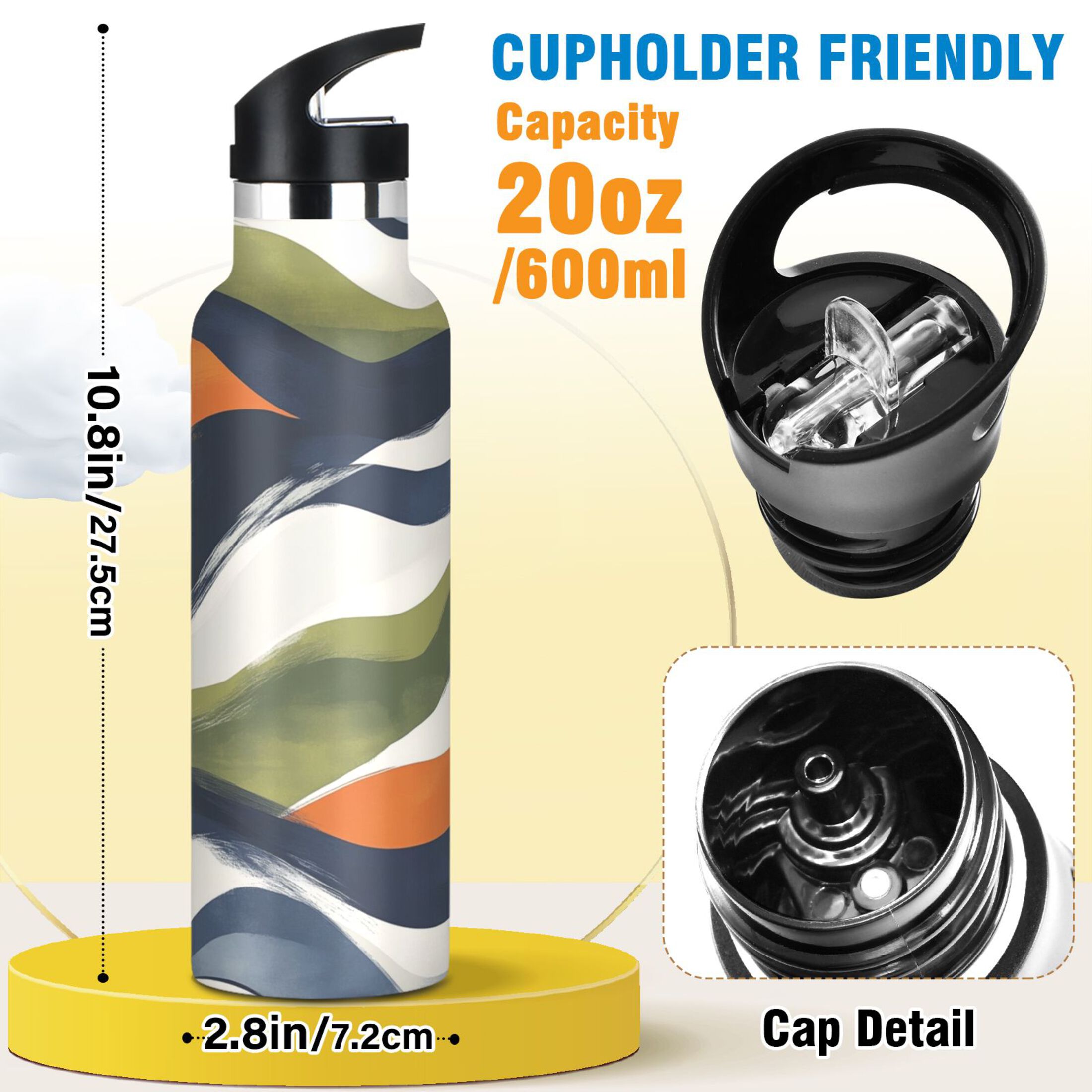 Kids Insulated Stainless Steel Sports Water Bottle 600ml (20oz) Navy Blue Abstract Pattern