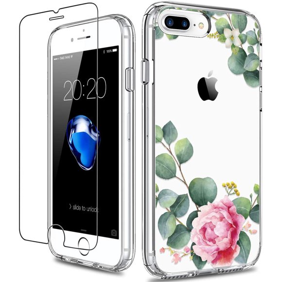 Veeki iPhone 8 Plus Case, iPhone 7 Plus Case with Screen Protector, Clear Heavy Duty Protective Case Floral Girls Women Hard PC Case with TPU Bumper Cover Phone Case for iPhone 8 Plus, Small