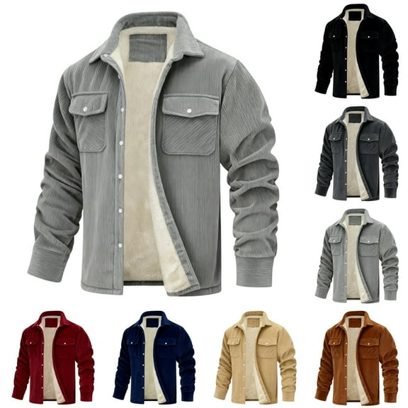LNZGNM Men's Corduroy Shirt Jacket Big and Tall Sherpa Lined Flannel Jackets Thick Warm Lapel Collar Shirt Jackets Single-Breasted Winter Outwear with Pockets, Gray L