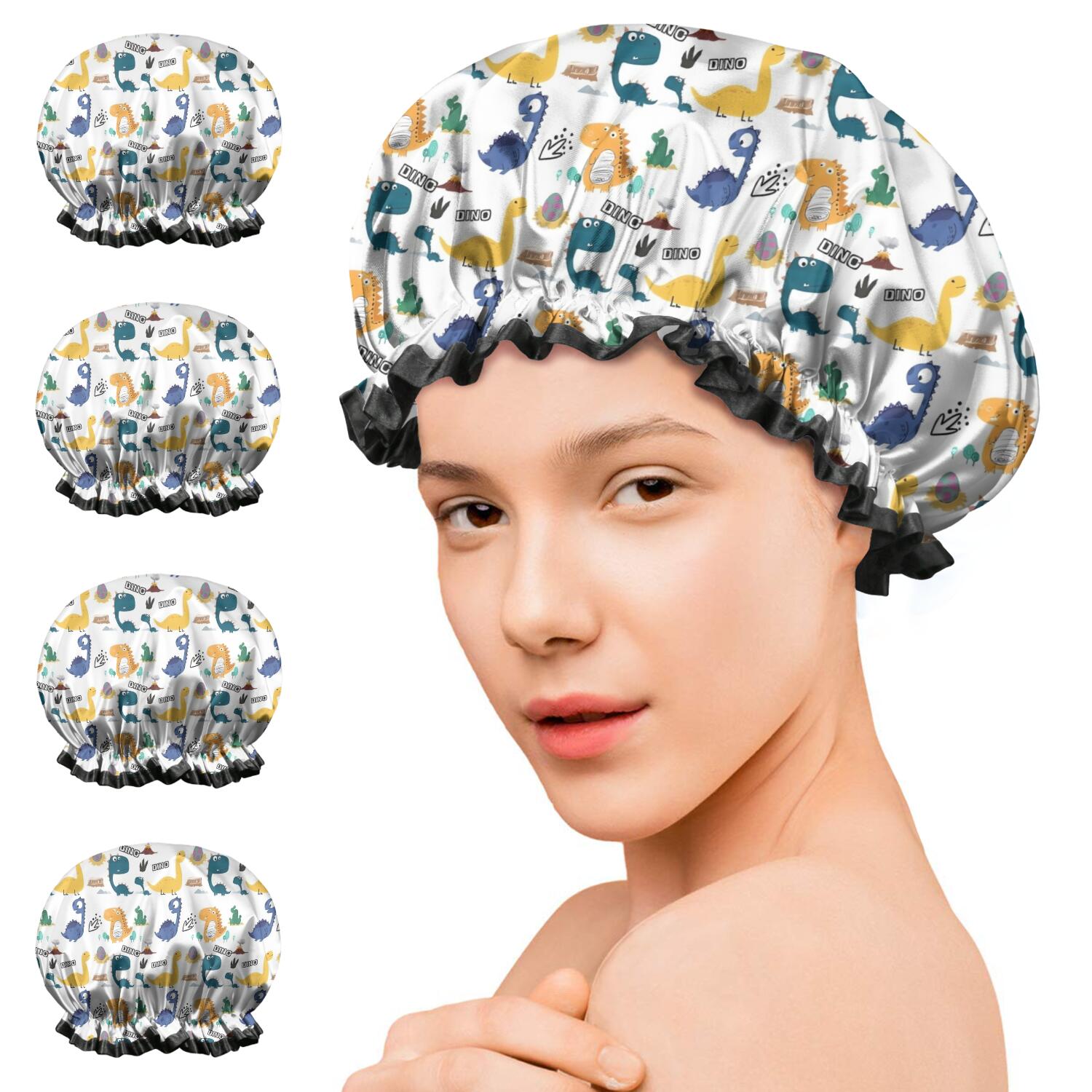 Shower Caps,Colorful Dinosaurs DINO Eggs Pattern Waterproof Shower Cap for Women 4 Pieces,Double Reusable Hair Cover for Shower PEVA Elastic Stretch Hem