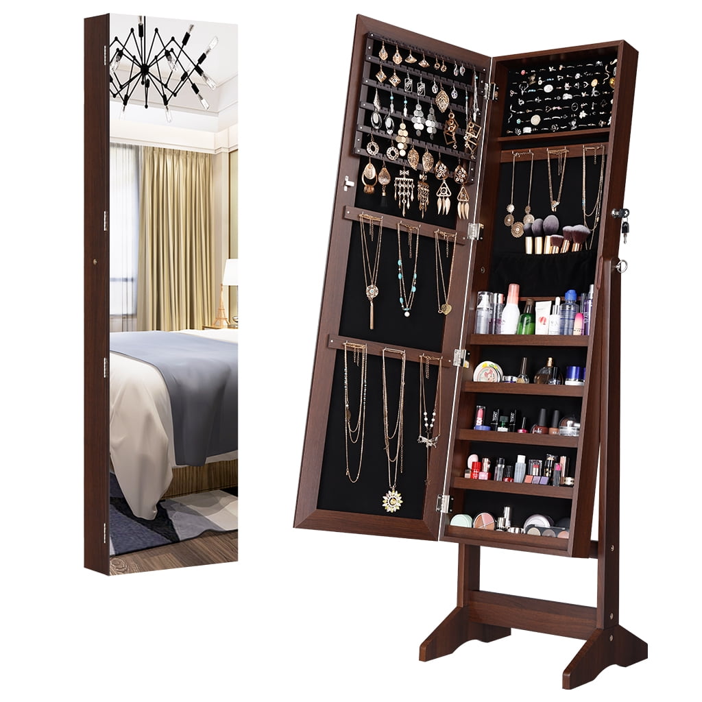 Jewelry Armoire, with Full-Length Frameless Mirror, with Lockable Floor
