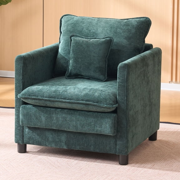 Modern Accent Chair,Linen Single Sofa Chair,Modern Reading Armchair with Pillow for Living Room,Bedroom,Dark Green
