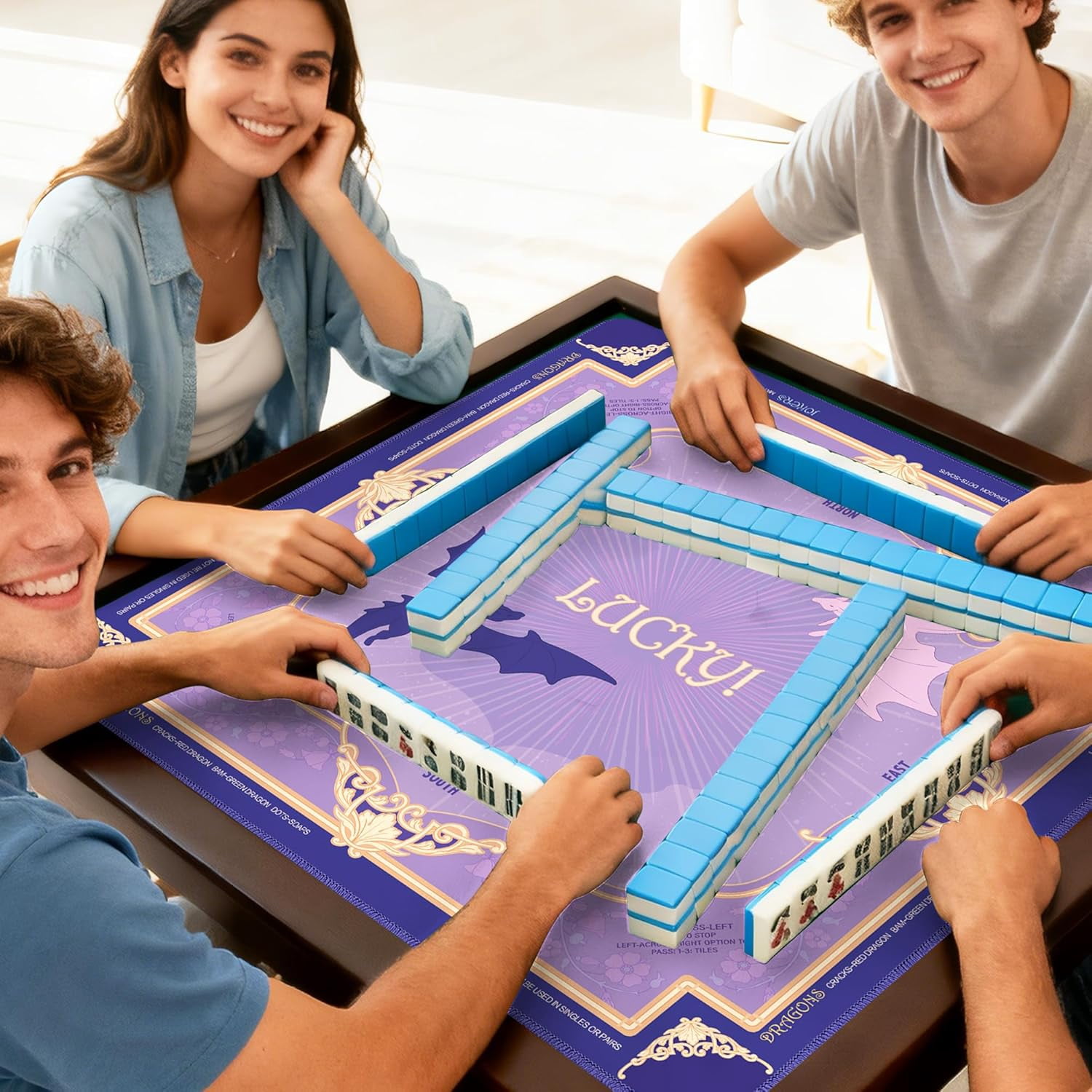Mahjong Mat (32"x32") - Non-Slip, Quiet, Waterproof & Foldable Game Mat for American Mahjong (Lucky Star Dragons)