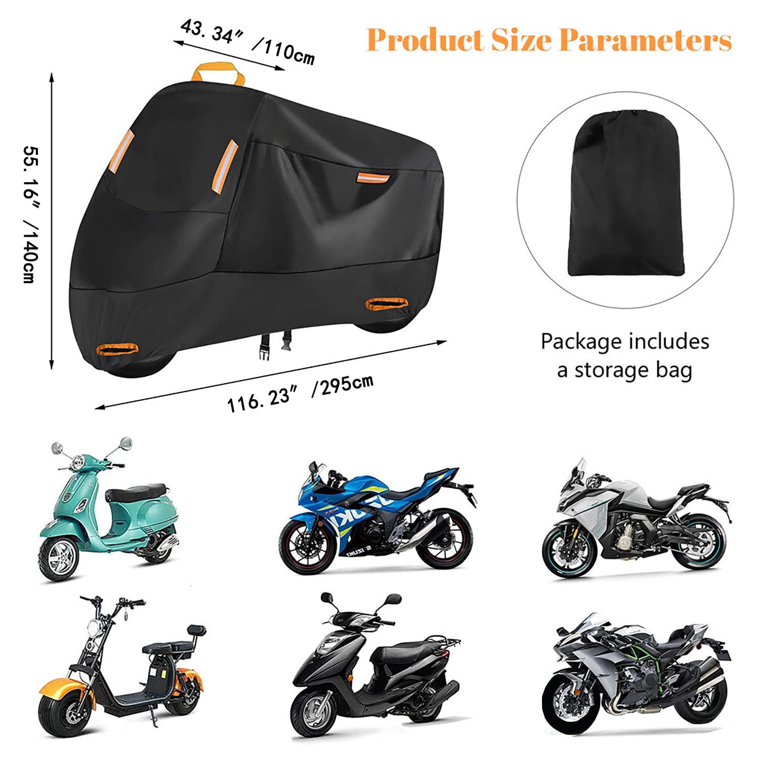 CAMOTUSE Motorcycle Cover, 420D Heavy-Duty Waterproof All-Season, for Outdoor Use, Size 116.14"L x 43.31"W x 55.12"H