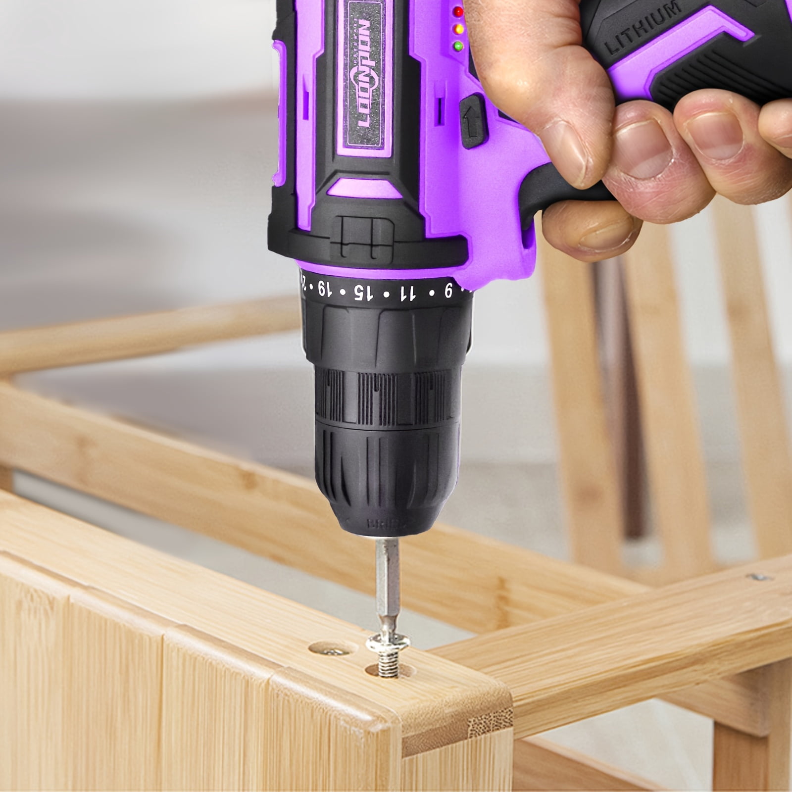 Purple Cordless Drill 12V ,Electric Power Driver Kit,with Drills Bits Set,LED,2 Variable Speed for Home DIY