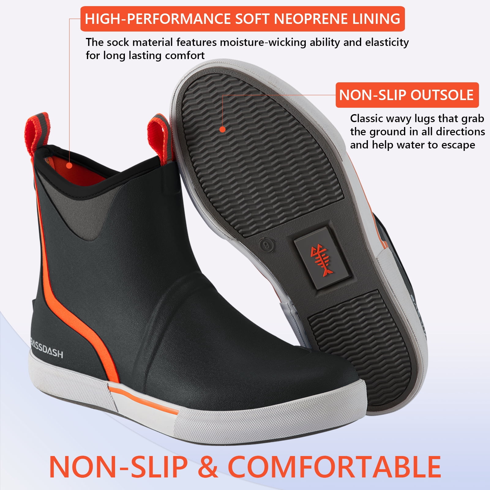 BASSDASH Men’s 6" Waterproof Deck Boots with Breathable Lining Anti-slip Neoprene Rubber Ankle Rain Boots for Fishing Boating