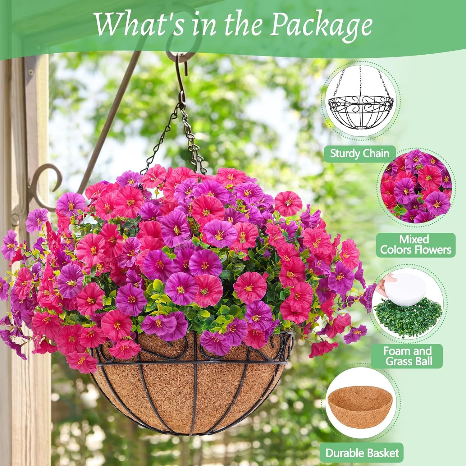 Waipfaru Artificial Hanging Flowers in Basket,Fake Hanging Plants for Outdoors Spring Summer Decoration,UV Resistant Petunias Flower for Garden Porch Patio Balcony Decor