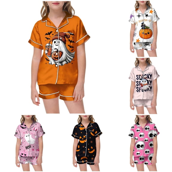 Weebloom Halloween Kids Pajamas Teen Girls Short Sleeve Button Down Shirt And Shorts Set With Pockets Tween Sleepwear Nightwear Pjs Loungewear Red 12-13 Years