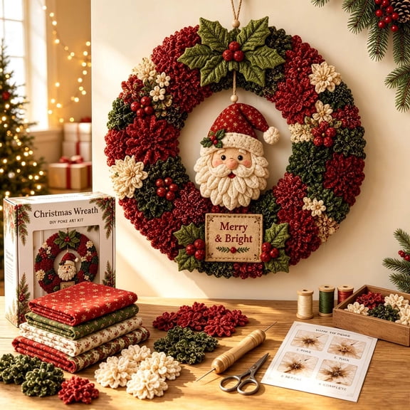 LKXOTTK Christmas 3D Fabric Wreath DIY Craft Kit, Poke Art with Tools, Holiday Door Decoration for Adults