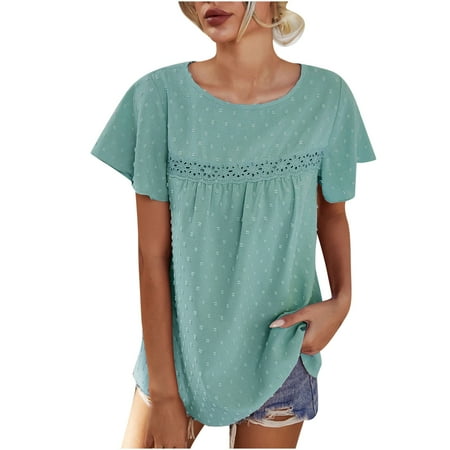 

Workout Tops for Women Flannel Shirts for Women Fashion Women s Summer Casual Round Neck Short Ruffle Sleeve Plain Color Tops Pullover Blouse Cute Tops for Women Summer Savings Tops Green L