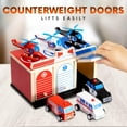 thumbnail image 5 of Rescue Station Kids Playset - 2-Level, 3-Bay Parking Garage Toy Set with Fire Truck, Ambulance, Police Car, and 3 Rescue Helicopters - Wooden Toy Rescue Vehicles for Kids Ages 3 and Up, 5 of 7