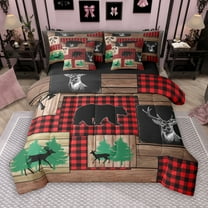 Manfei Wildlife Moose Bear 7-Piece Twin Bedding Sets for Men, Rustic Farmhouse Cabin Bedding Comforter Set, Buffalo Plaid Patchwork Reversible Sheet Sets, Lightweight Room Decor