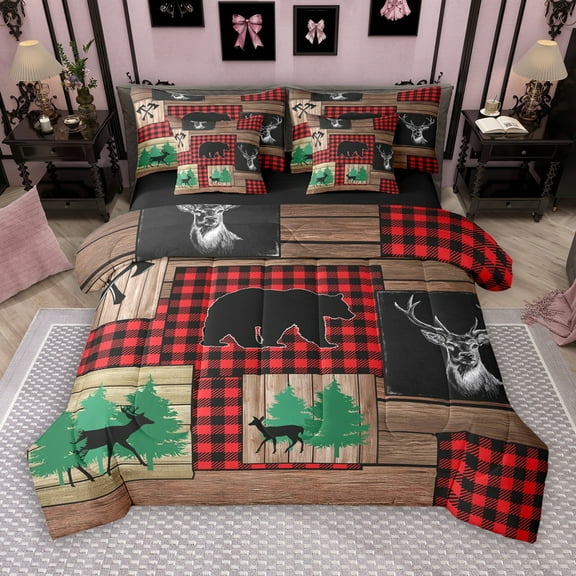 Manfei Wildlife Moose Bear 7-Piece Twin Bedding Sets for Men, Rustic Farmhouse Cabin Bedding Comforter Set, Buffalo Plaid Patchwork Reversible Sheet Sets, Lightweight Room Decor