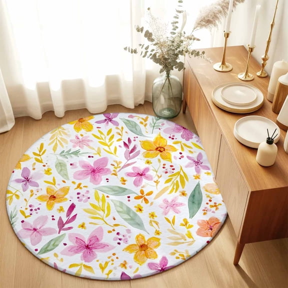 Round Rugs 4Ft, Boho Summer Floral Round Area Rug Washable Indoor Throw Carpet, Pink Yellow Wildflowers Leaves Rustic Soft Non Slip Circle Rug for Kitchen Nursery Room Home Decor Aesthetic