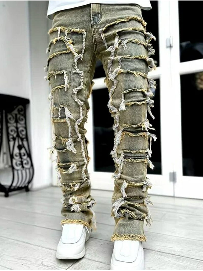 【DISCERNMENT】Camio Destroyed Washed Denim Pants New Premium Vintage Blue Stacked Jeans For Men Stretchy Raw