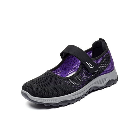 

Ferndule Women s Comfort Slip On Sneakers Jogging Breathable Knitted Flats Running Magic Tape Black Purple 5