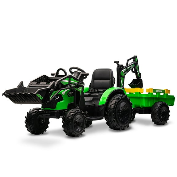 EastVita 3 in 1 Ride on Tractor, Excavator & Bulldozer, 24V Ride on Car Toy Electric Vehicle w/Trailer, Shovel Bucket Green