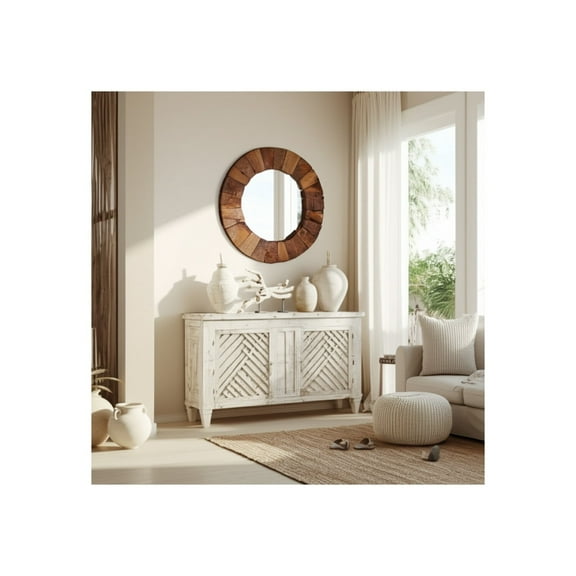 Round Wall Mirror Natural Teak Wood Rustic Coastal Frame for Living Room Bedroom Home Office Decor - 32" Brown & Tan