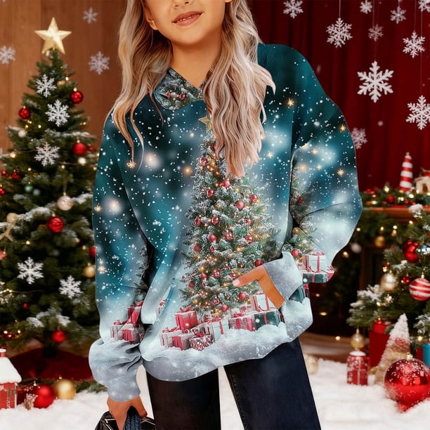 Sudadera con capucha para niños, con estampado navideño de invierno, larga, con terciopelo, informal y cómoda, de manga larga, de poliéster.
