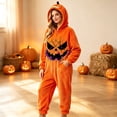 thumbnail image 5 of YUEHUA Adult Halloween Cozy Onesie, Men Women Unisex Hooded Zipper Jumpsuit, Orange Pumpkin Face Print Relax Loungewear for Couple Indoor Wear, 5 of 8