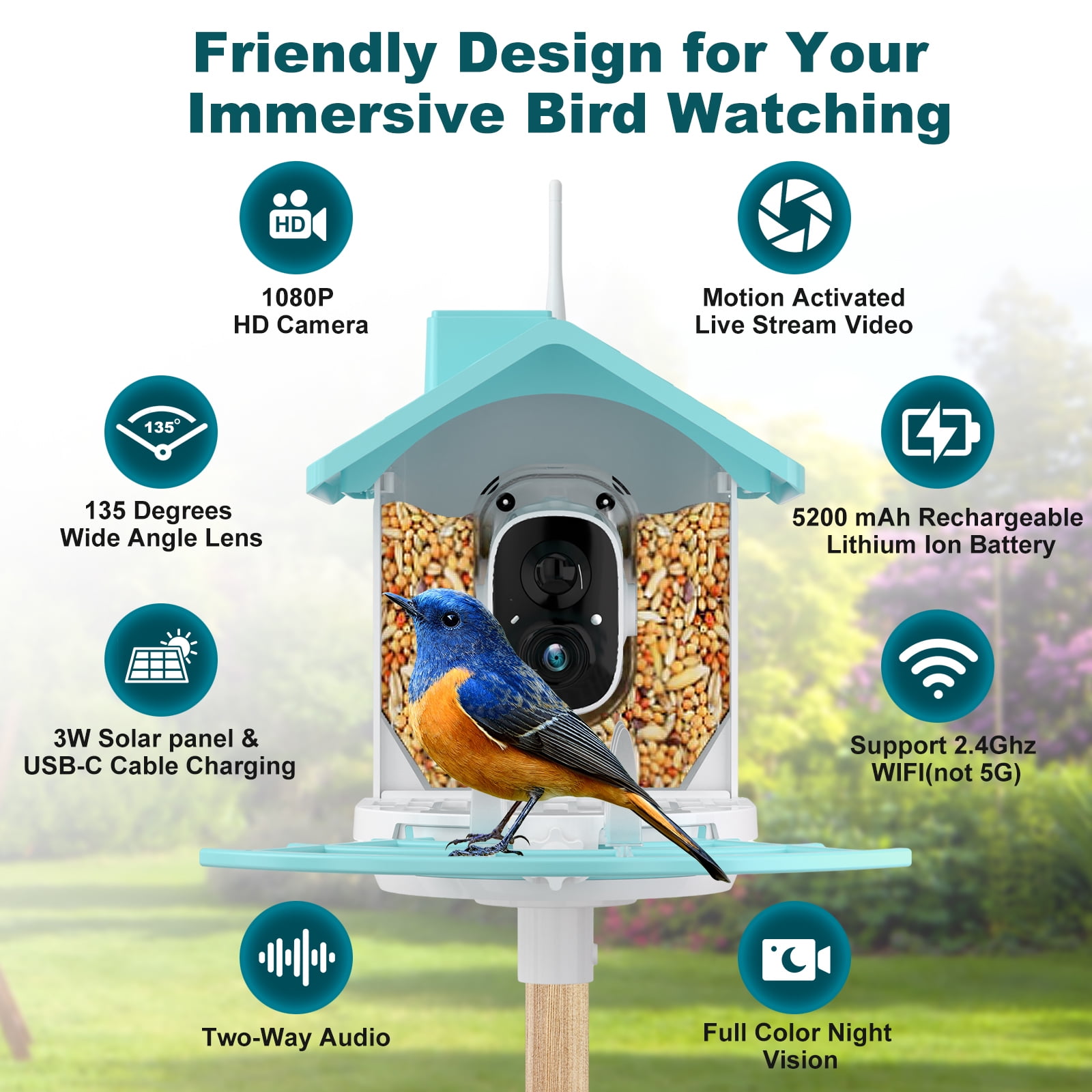 Solar Bird Feeder with Camera, Smart AI Recognition Squirrel Proof Birdwatching Camera, 1080P HD Color Night Vision, Tree Mount