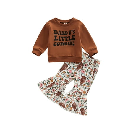 

FOCUSNORM Western Toddler Baby Girl Clothes Cow Print Long Sleeve Pullover Tops Bell Bottom Pants Set Fall Winter Outfits