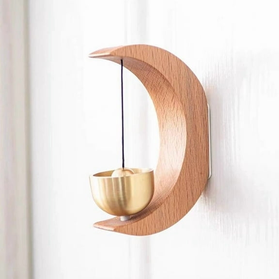 Door Bell for Door Opening, Moon-Shaped Wooden Magnetic Doorbell Chime with Brass Bell for Home, Porch, Garden and Restaurant Decoration, Housewarming Gift