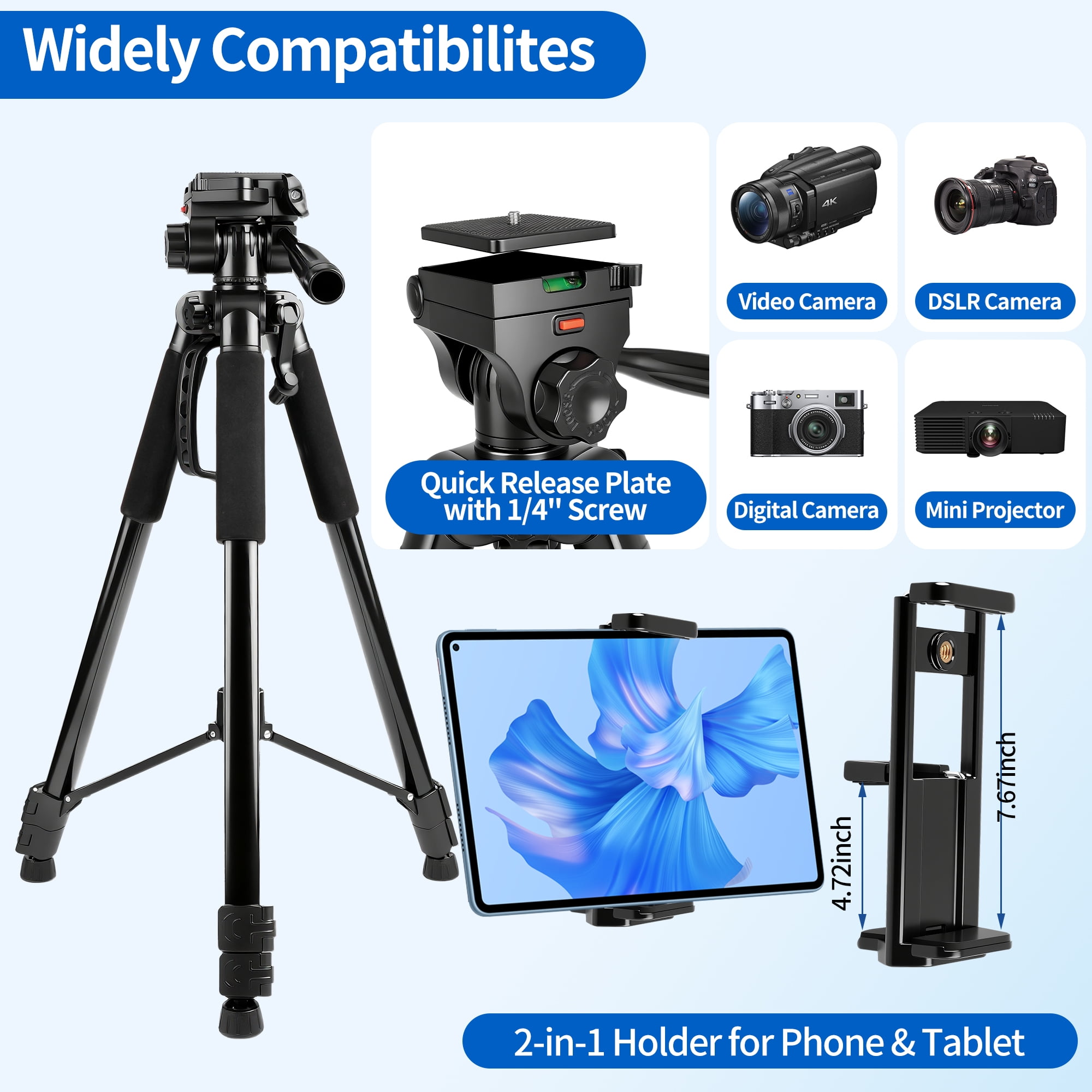 71" Camera Tripod, BUSATIA Tripod for Camera, Phone Video Recording, Heavy-Duty Camera Tripod Stand, 11lb Load Capacity, Adjustable Height from 24" to 71'', for Camera, Phone, Projector, Webcam