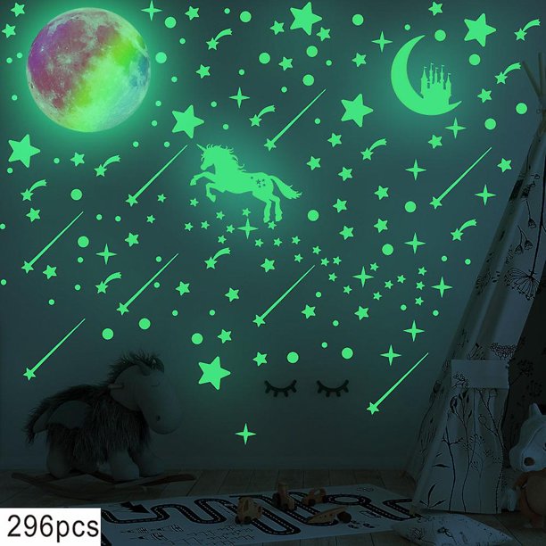 296 piezas (luz verde) estrellas que brillan en la oscuridad, puntos luminosos adhesivos fluorescentes, pegatinas fluorescentes en tono cielo estrellado, estrellas que brillan en la oscuridad para el