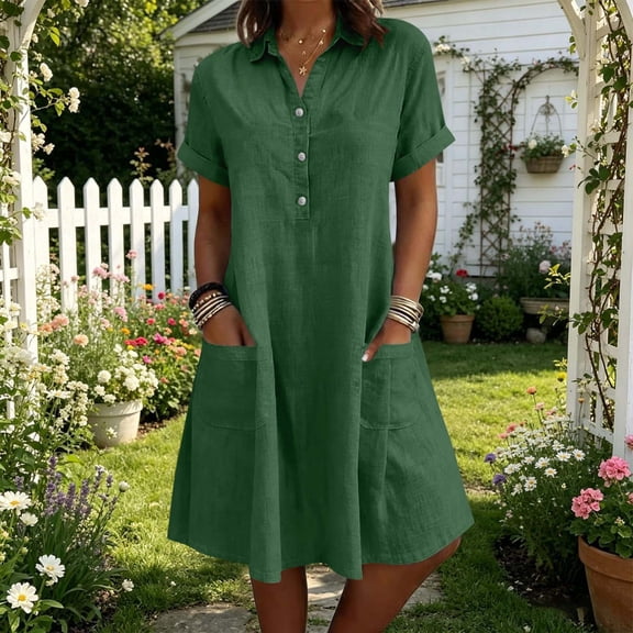 IUYRTFE Women's Short Sleeve Collared Button Down Shirt Dress with Pockets Cotton Linen Loose Fit Summer Casual Midi Dress