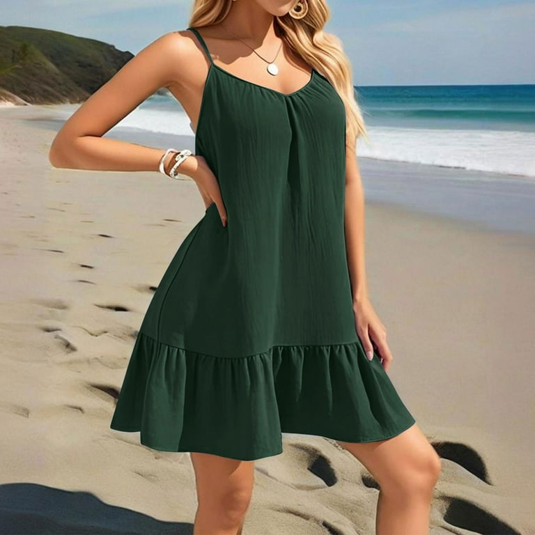 Women's Plus Size Ruffle Hem Cami Mini Dress Spaghetti Strap Swig Flowy  Summer Loose Short Dresses Dark Green 2XL - Walmart.com