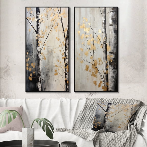 Designart "Monochrome Tree Of Gray And Gold" Tree Monochrome Framed Wall Art Set Of 2 - Gold Floral Framed Wall Art Set Of 2
