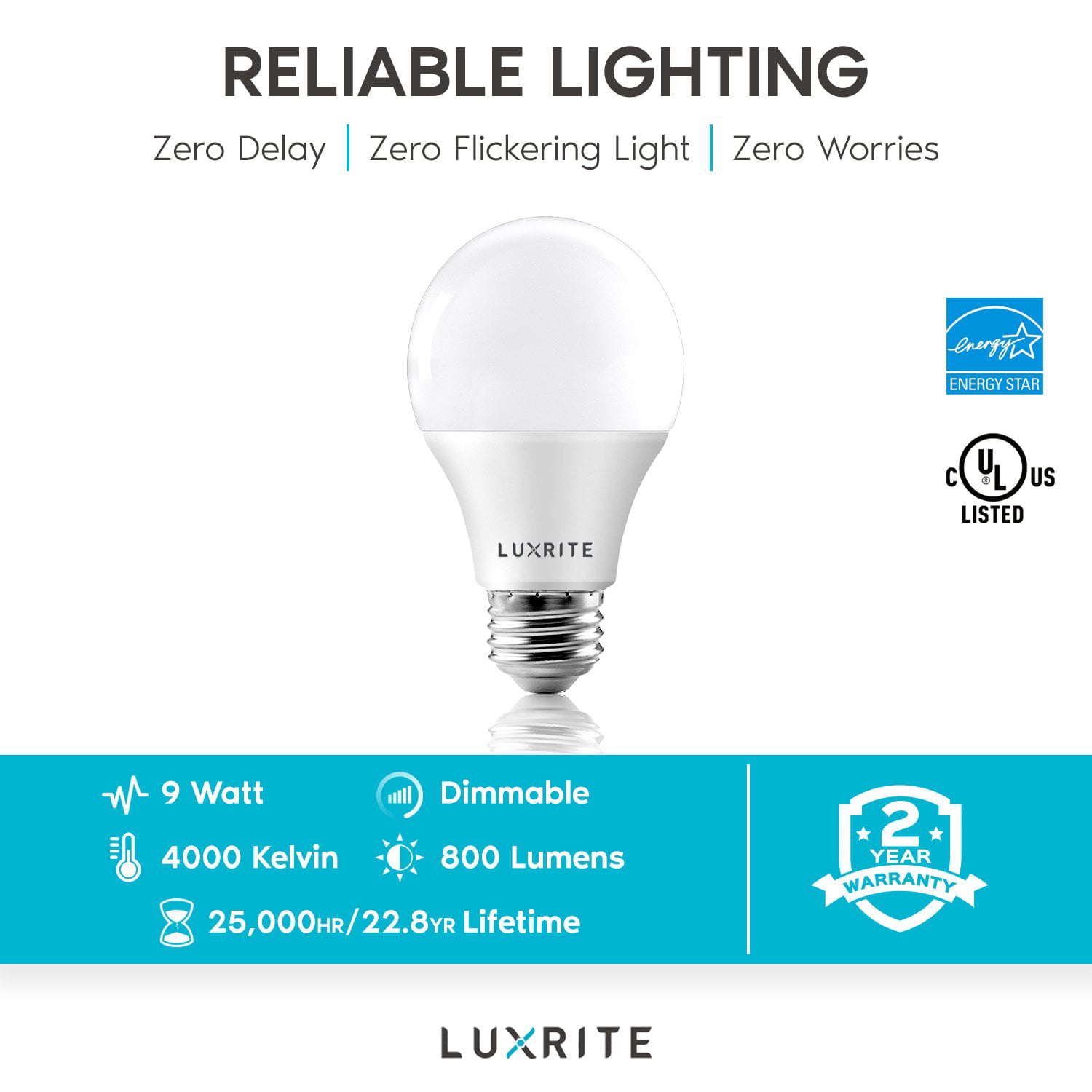 Perfect for Lamps and Home Lighting Standard LED Bulb 9W Energy Star Luxrite A19 LED Light Bulb 60W Equivalent Enclosed Fixture Rated 3000K Warm White Dimmable E26 Base 4 Pack 800 Lumens 
