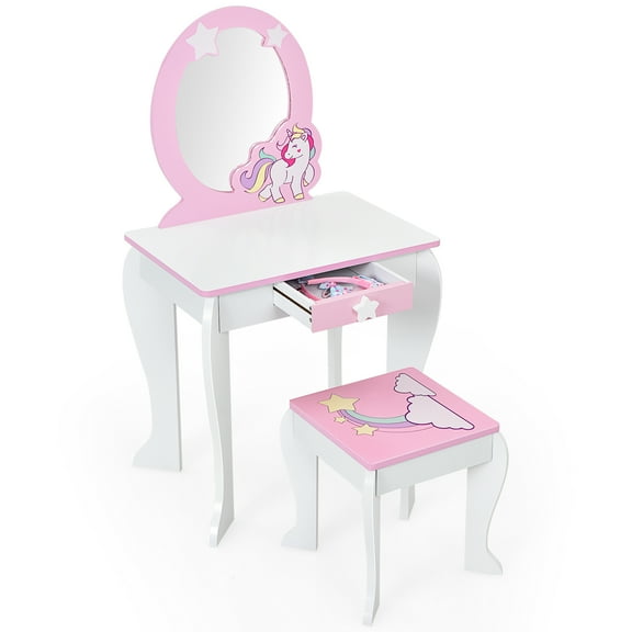 Topbuy 2-in-1 Kids Vanity Set Makeup Table & Chair Set for Toddlers w/Detachable Mirror White