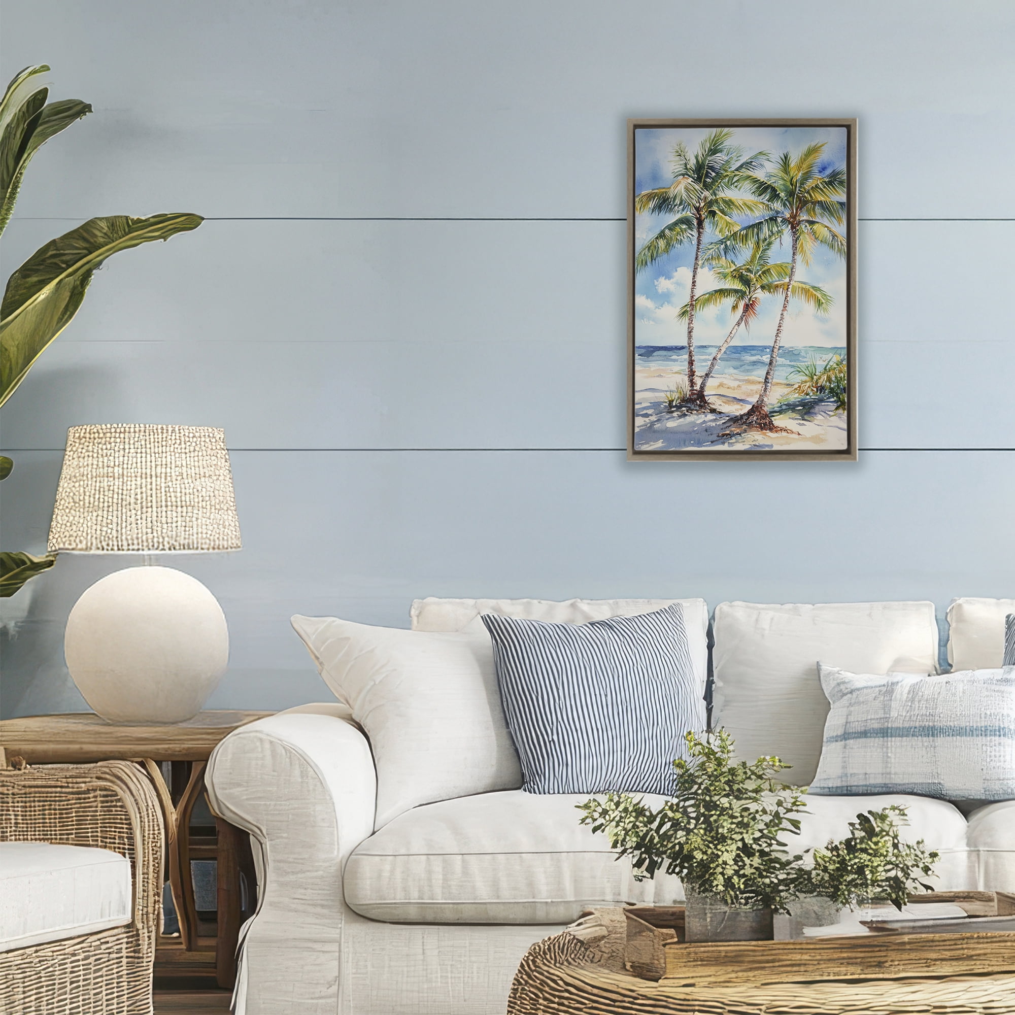 Stupell Industries Windy Palm Trees on Shore Brown Framed Floater Canvas Wall Art, design by Petal Prints Design