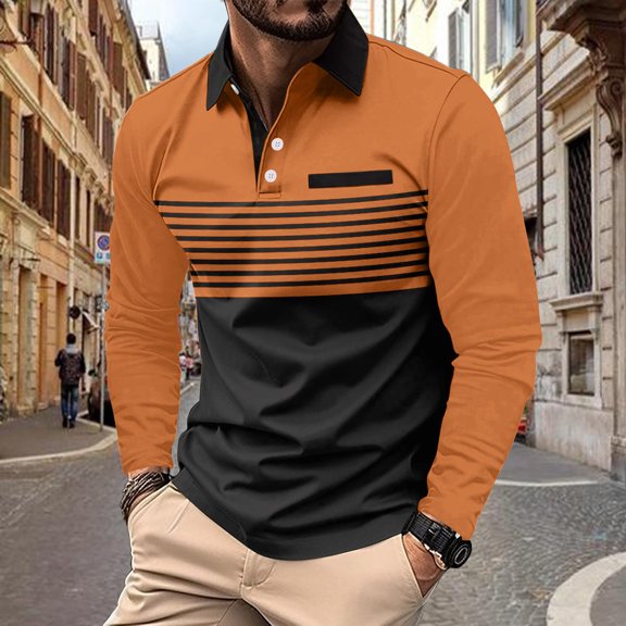 Aipewai Man Shirt-Sales Men's Color Matching Striped Button Collar Polos Shirt Long Sleeve Fashion Golf Tennis Shirt with Pocket