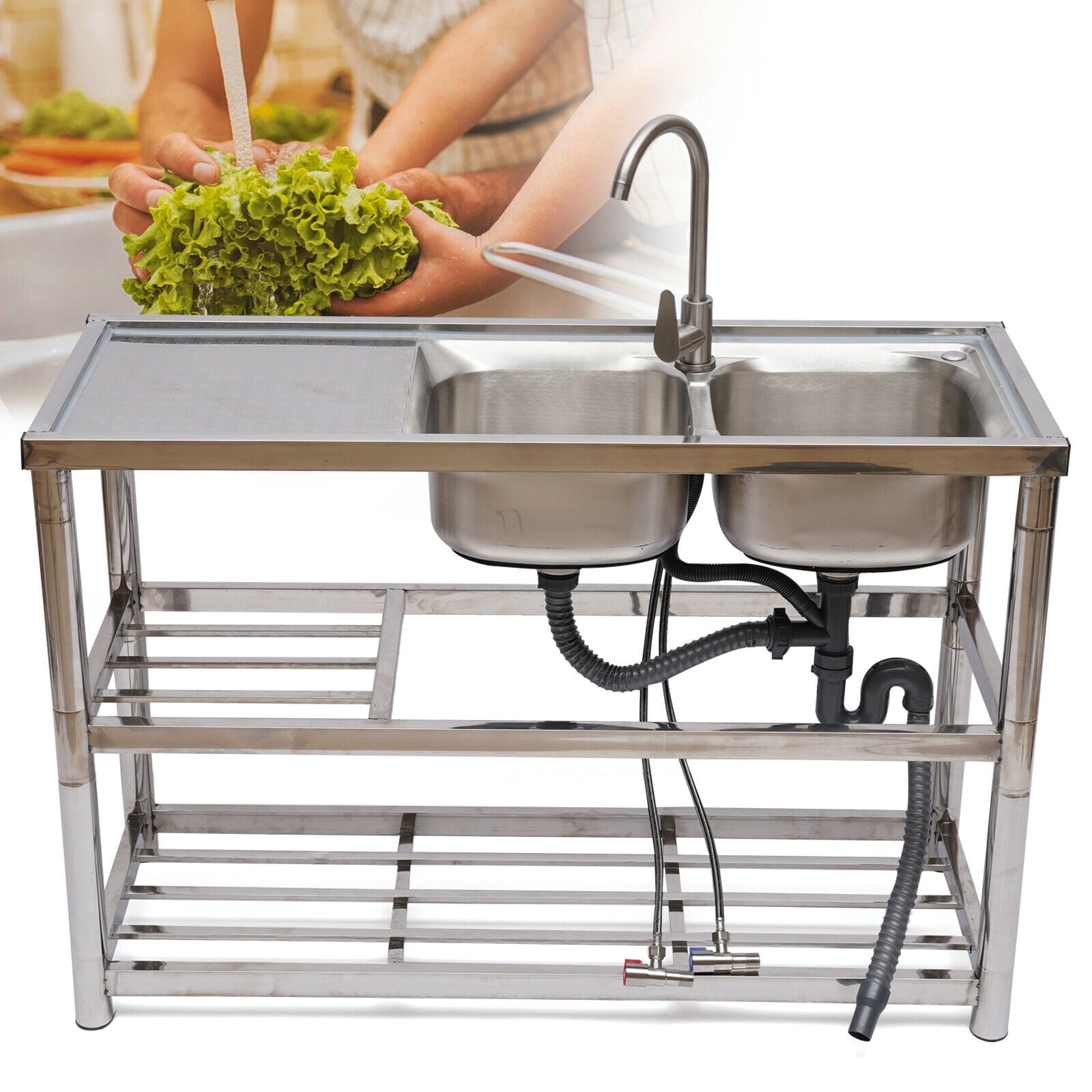 Fichiouy Free-standing Kitchen Sink Stainless Sink 2 Bowls with Drainer Unit&Faucet Commercial Silver